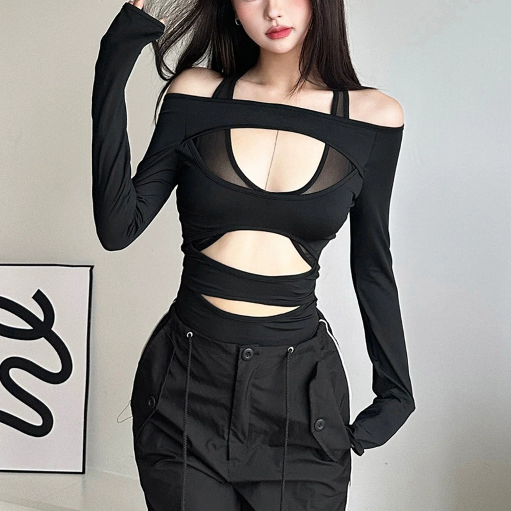 H&M Spring Fashion Sexy Mesh Panel Long Sleeve Cutout Slim Fit Crop Bodysuit